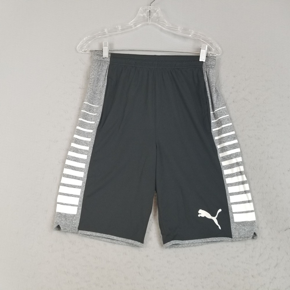 Puma Shorts Mens Small Black Gray Striped Dri-Fit Style Athletic Gym Shorts